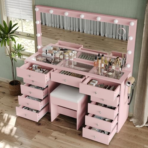 Vanity Desk & Power Outl, Makeup Vanity with Mirror and 12 LED Lights, Makeup Table with 11 Drawers, Vanity Table with Chair