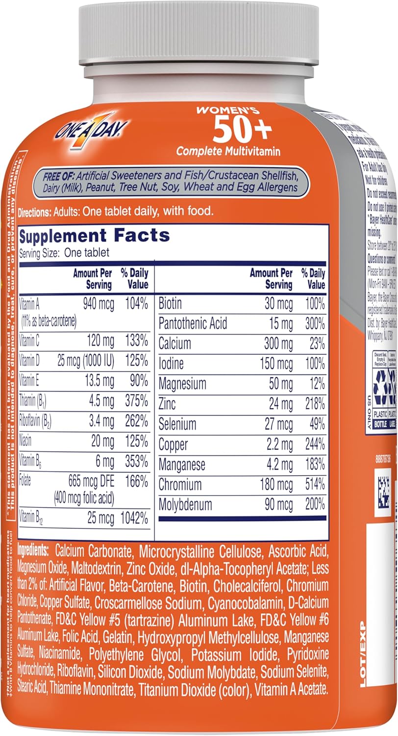 One A Day Women’s 50+ Multivitamins Tablet, Multivitamin for Women with Vitamin A, C, D, E and Zinc for Immune Health Support*, Calcium & more