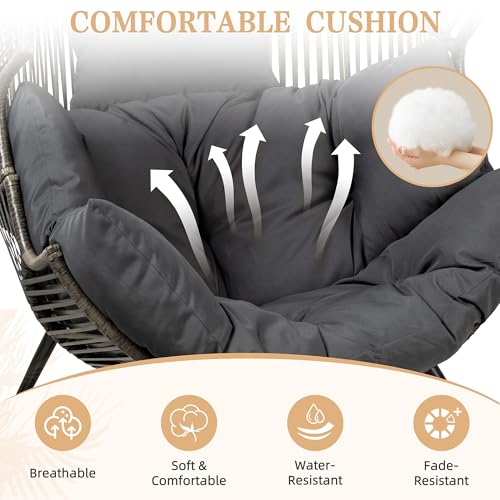 Vongrasig Outdoor Wicker Egg Chair PE Rattan Chair with Cushion, Oversized Patio Lounge Chair for Outdoor, Indoor, Balcony, Backyard, Garden, Black
