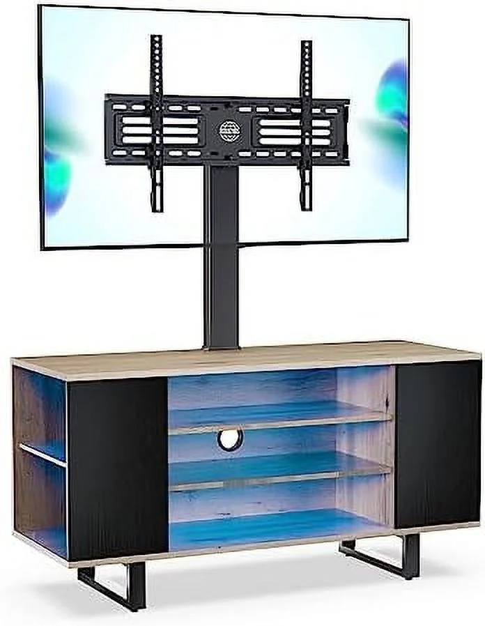 TJUNBOLIFE TV Stand with Mount for 32-70 inch TVs LED Light Entertainment Center with Wood Console  Swivel Floor TV Stand Mount with Light for Living
