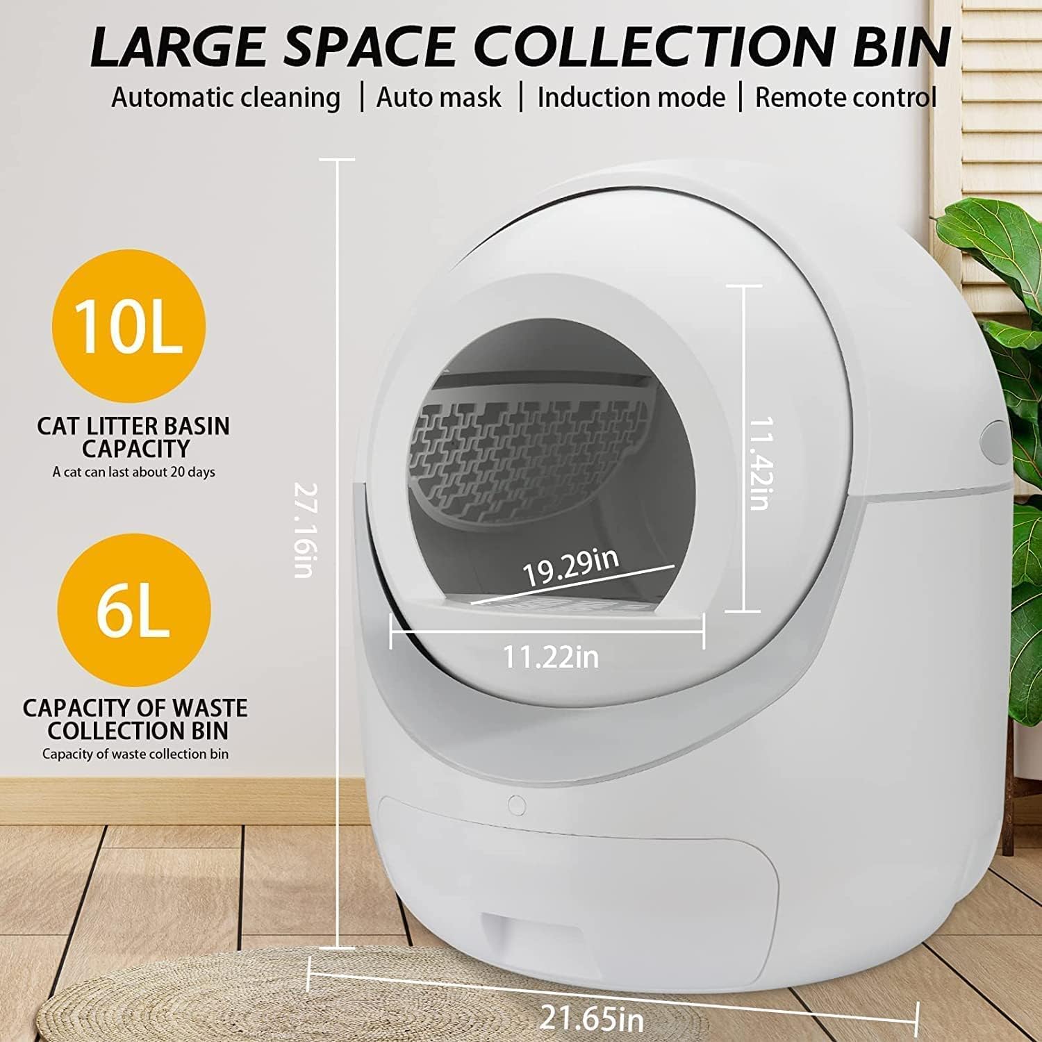 Self Cleaning Cat Litter Box, Anti-Pinch/Odor-Removal Design Large Automatic Cat Litter Box, Cat Litter Box for Multiple Cats with Garbage Bags/Brush