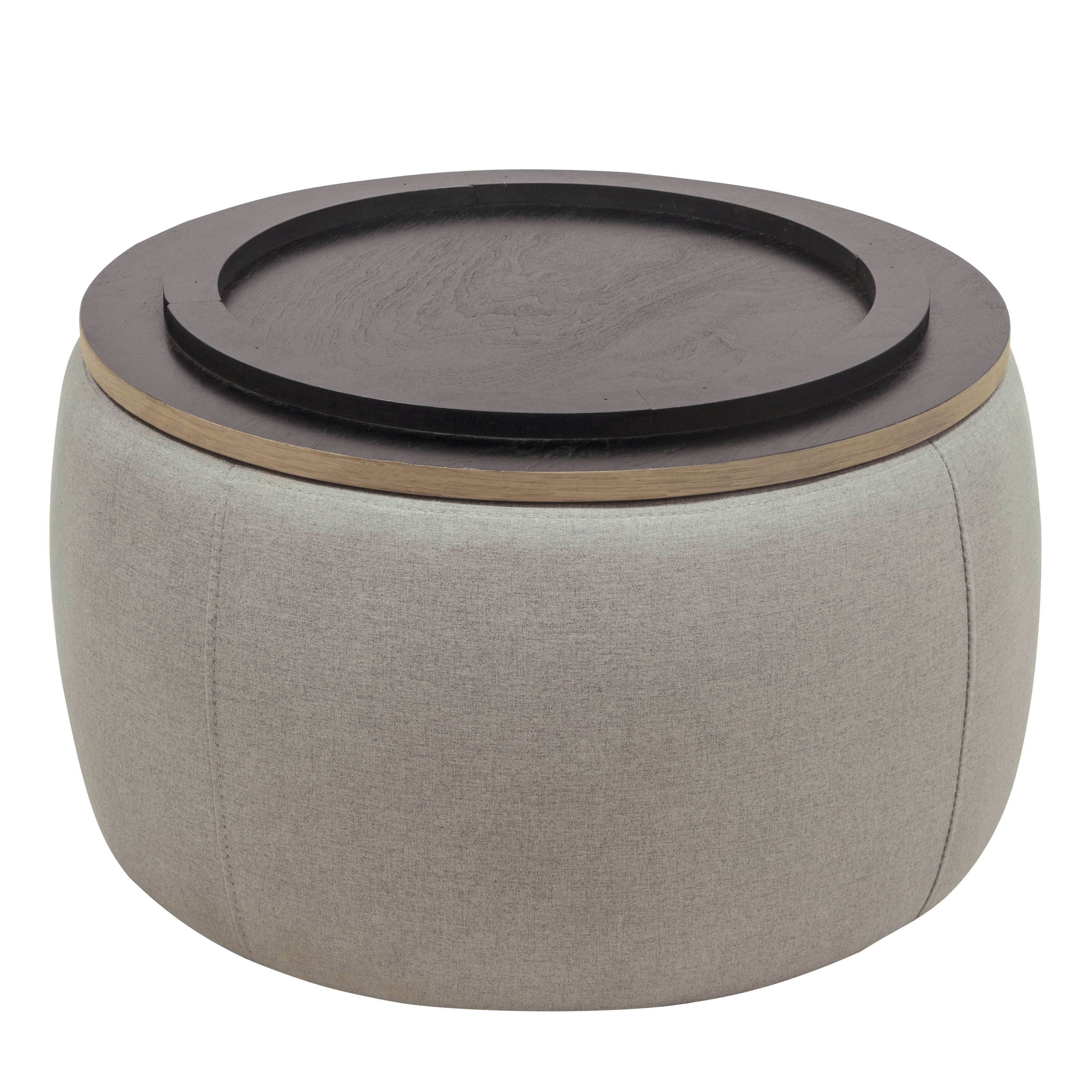 Seizeen Ottoman With Storage, Round Storage Ottoman Coffee Table with Wood Tray, 2-in-1 Fabric End Side Table for Living Room Bedroom, Grey