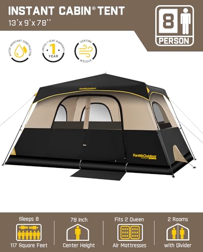 FanttikOutdoor Camping Tent 4/6/8/10 Person Instant Cabin Tent Setup in 60 Seconds with Rainfly & Windproof Portable with Carry Bag for Family