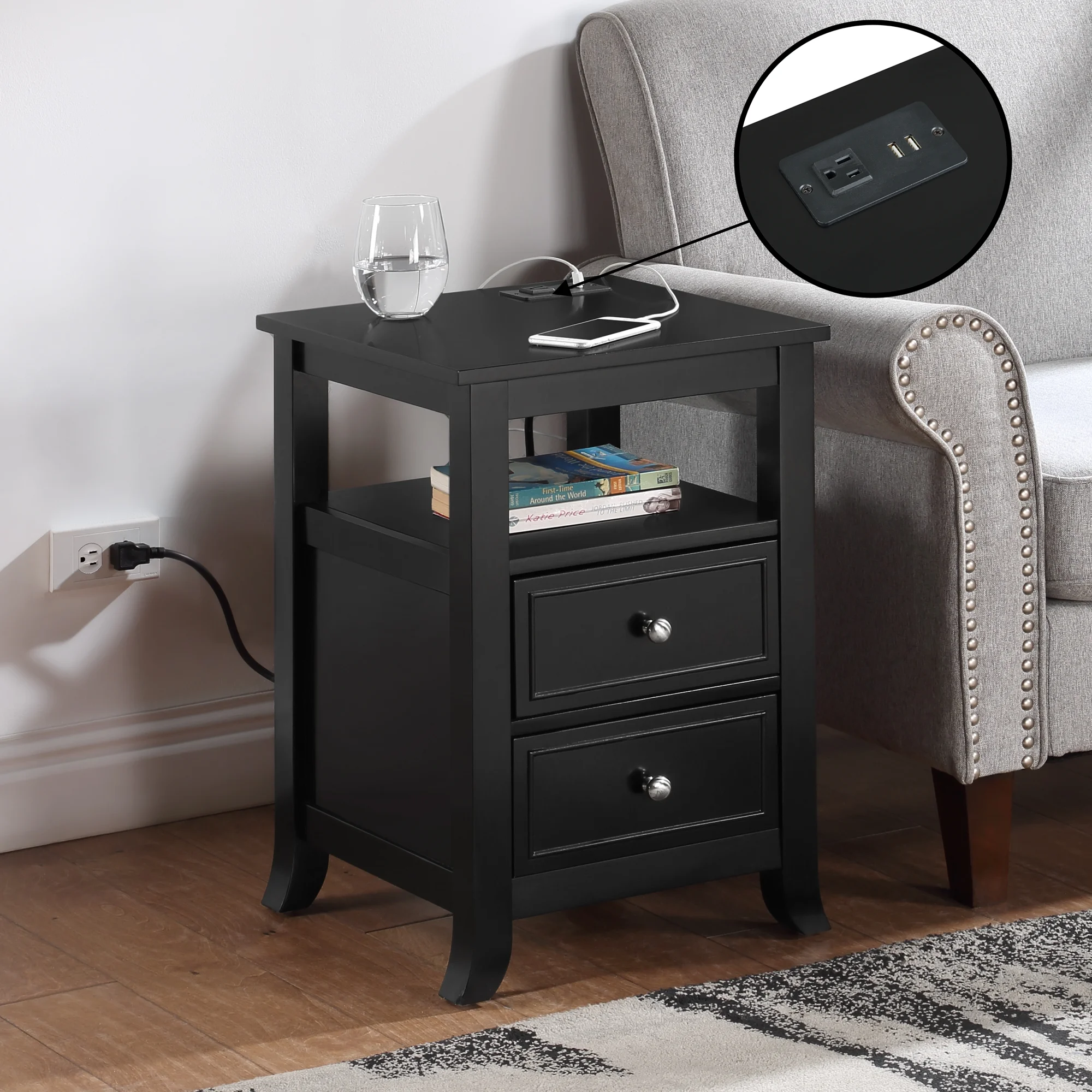 Melbourne Two-Drawer End Table with Charging Station and Shelf in Black Wood