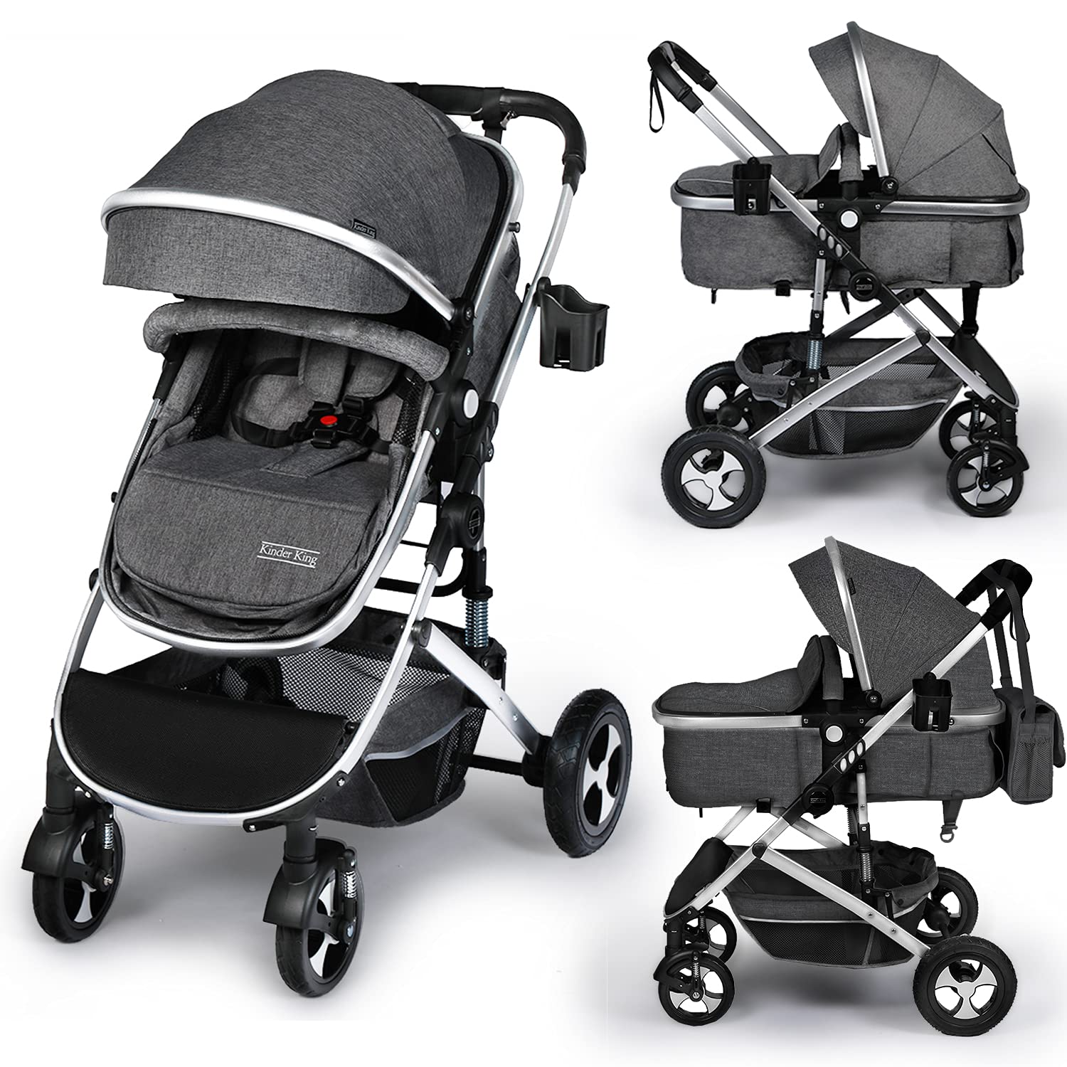 Kinder King 2 in 1 Convertible Baby Stroller, Folding High Landscape Infant Carriage, Newborn Reversible Bassinet Pram, Adjustable Canopy, Diaper Bag