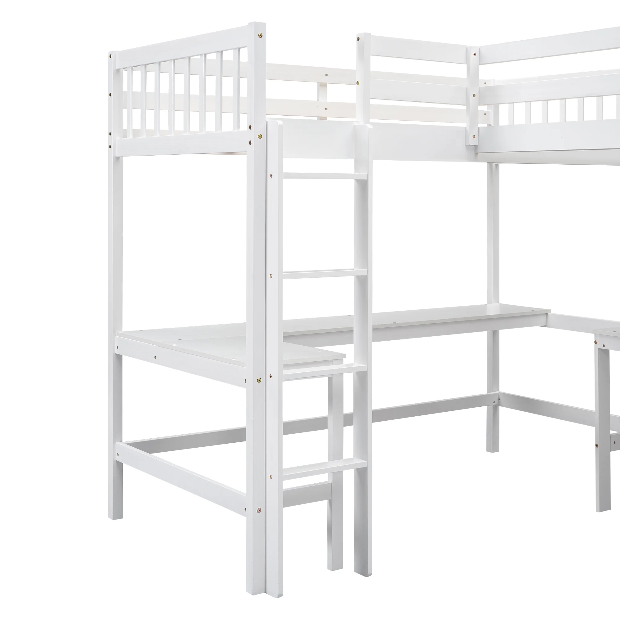 Euroco Twin Size L-Shaped Wood Loft Bed with Built-in Desks, 2-in-1 Loft Bed for Kids Teens Adults, White