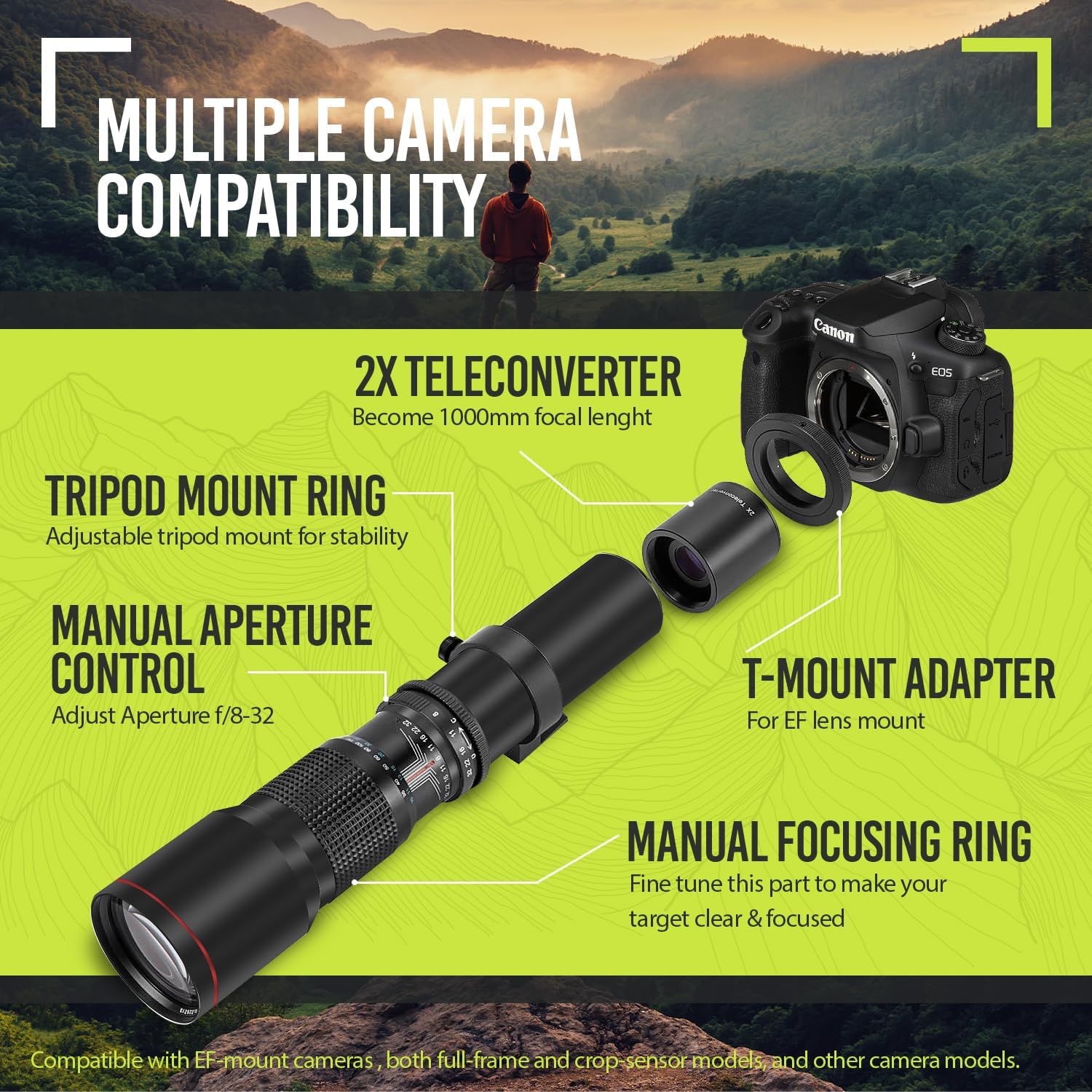 High-Power 500mm/1000mm f/8 Manual Telephoto Lens for Canon EOS 80D, 90D, Rebel T3, T3i, T5, T5i, T6i, T6s, T7, T7I, T8I, SL3, 60D, 70D, 5D, EOS5D IV