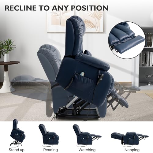 EDILLY Large Genuine Leather Power Lift Recliner Chairs for Elderly, Dual Motor with Massage and Heating,Double Lumbar Cushion and Extended Footrest