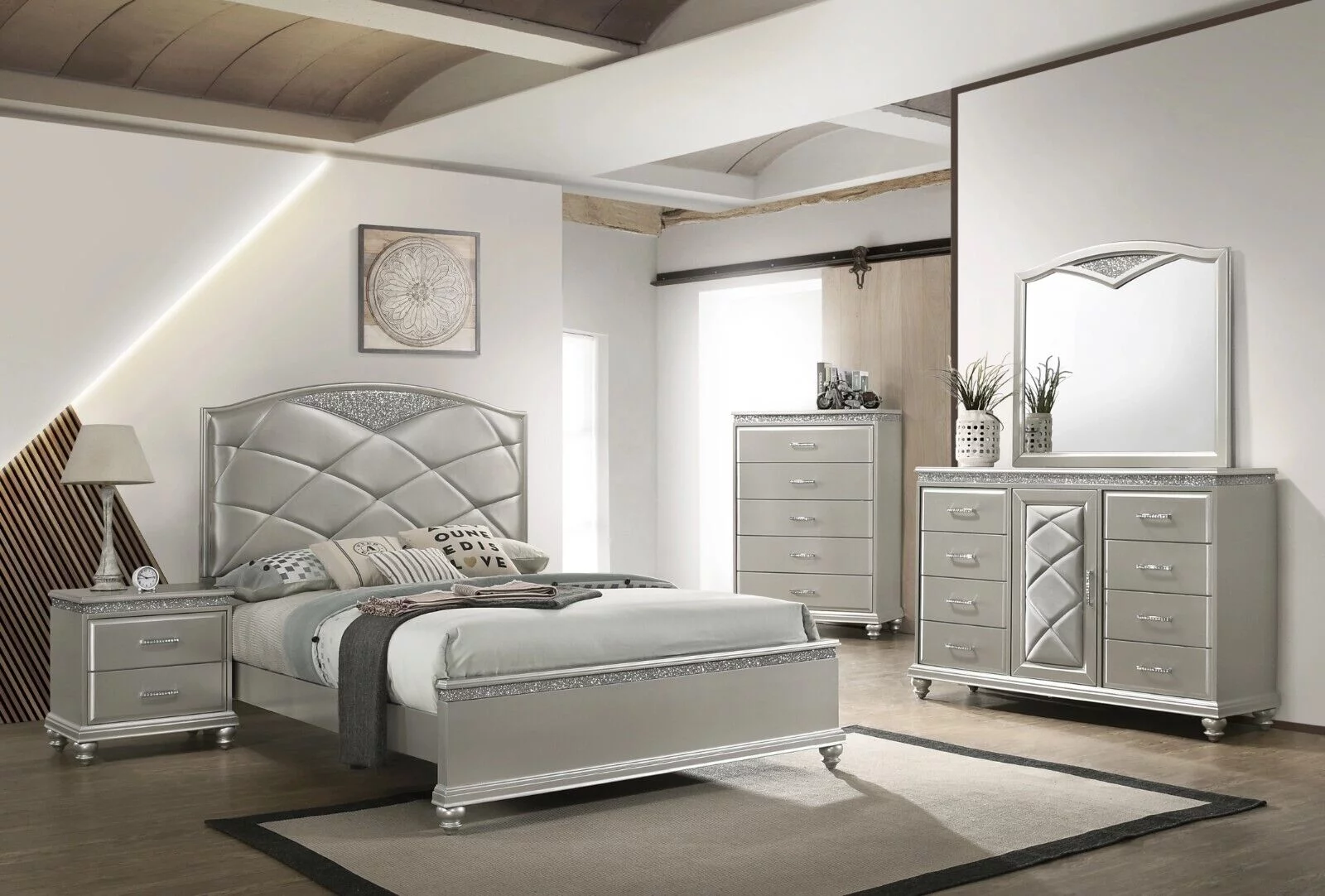 6pc Traditional Style Queen Size Panel Bed Dresser Mirror Nightstand Chest Wooden Bedroom Furniture Set Silver Finish