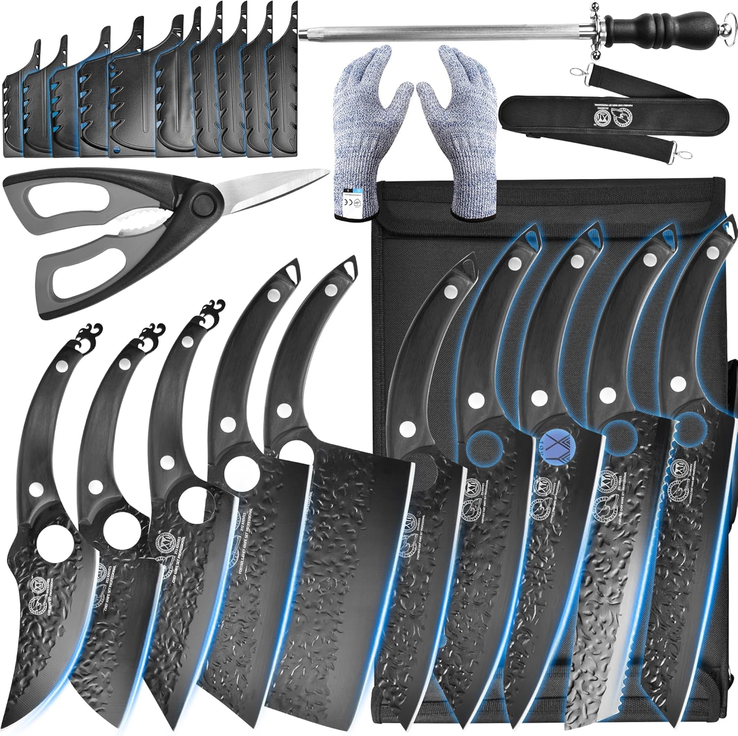 XYJ Professional Kitchen Knife Set with High-Carbon Steel Forged Blades, Chef's Knife, Cleaver, Carving Knife, Nakiri, Full Tang Design