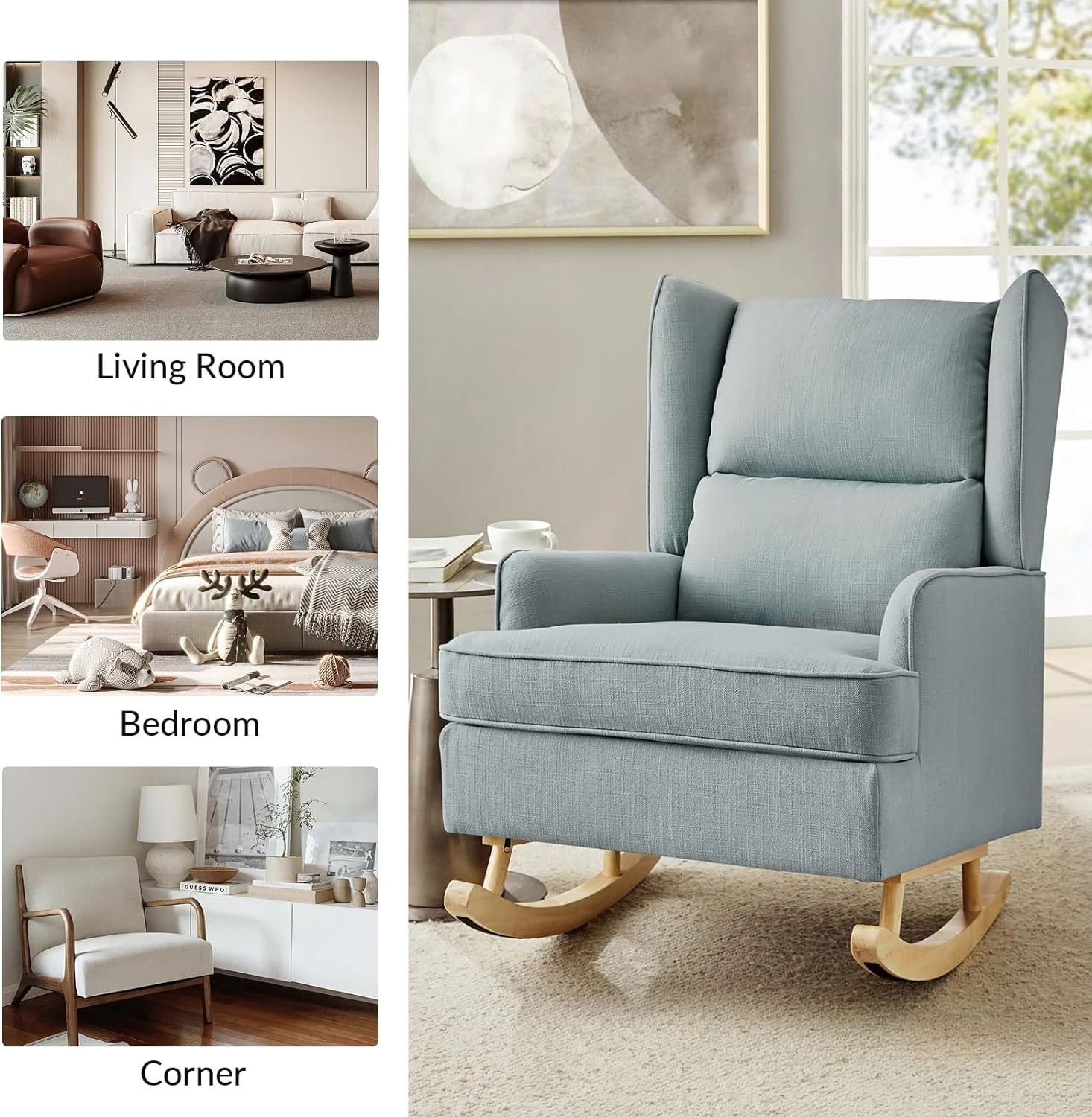 Modern Accent Rocking Chair Tufted Upholstered Linen Wingback For Nursery, Comfy Living Room Lounge Armchair
