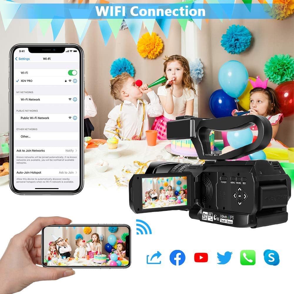 Video Camera 4K HD Auto Focus Camcorder 48MP 60FPS 30X Digital Zoom Camera for YouTube LED Function 4500mAh Battery with Handheld Stabilizer