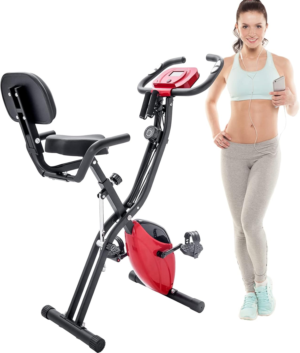 Folding Exercise Bike, Fitness Upright and Recumbent X-Bike with 10-Level Adjustable Resistance, Arm Bands and Backrest