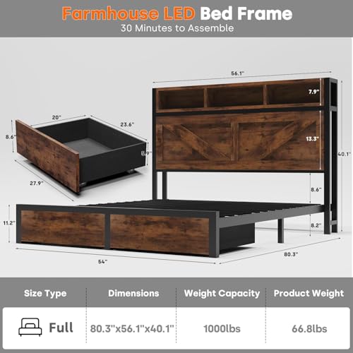 Farmhouse Full Bed Frame with Bookcase Storage Headboard, Charging Station, LED Light and 2 Storage Drawers, Noise Free, No Box Spring Needed, Brown