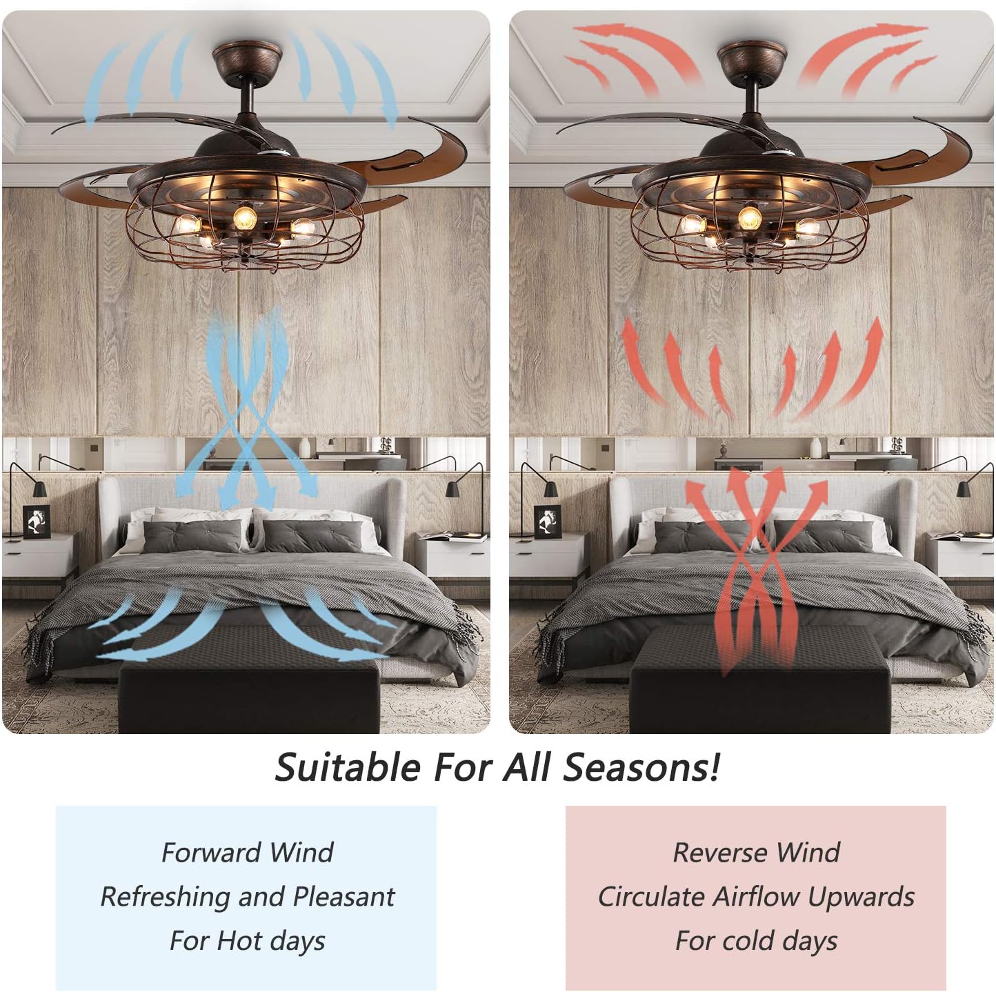 Siljoy 48 Retractable Blades Chandelier Ceiling Fan Industrial Retro Fandelier with Remote