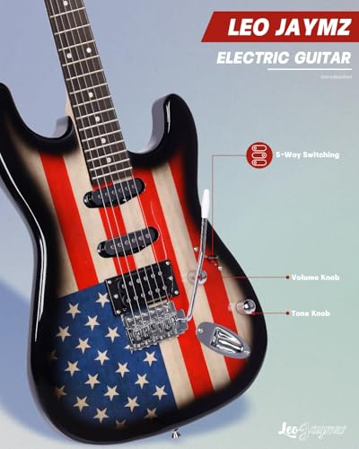 Leo Jaymz 39" Full Size ST Style Electric Guitar Starter Kit with SSH Pickup, 5W Portable Amp, Tuner, Gig Bag, Strap & Accessories (Violet Ocean)