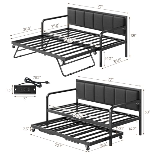 Rolanstar Daybed with Charging Station and LED Lights, Height Adjustable Twin Daybed with Trundle