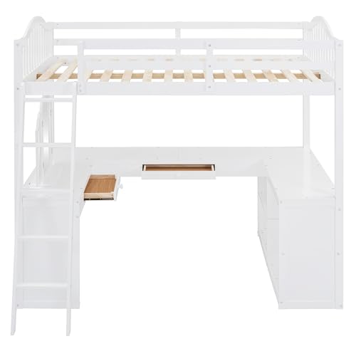 Harper & Bright Designs Full Size Loft Bed with Desk, Storage Shelves and Drawers, Solid Wood Loft Bed Frame with Built-in Wardrobe, Walnut