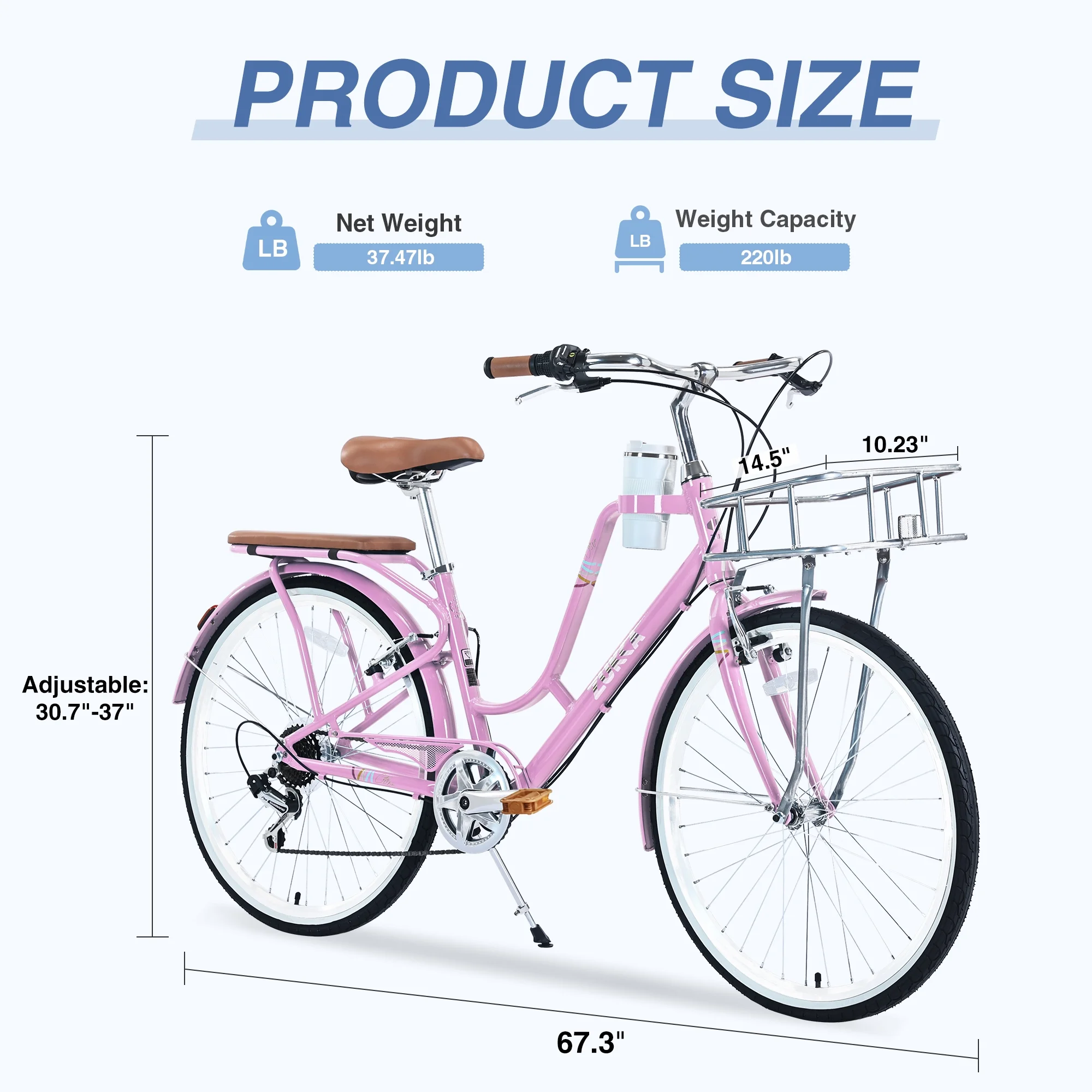 Zukka Cruiser Bike Coffee Bicycle 26 inch Women Ladies 7 Speed Bike for Shopping Pink - Radiant Selections