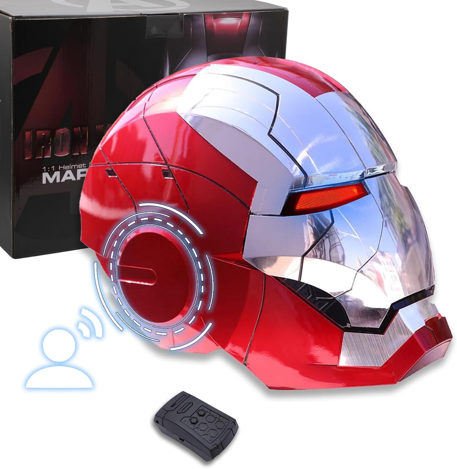 Adult Iron-Mans Helmet Electronic MK 5 Helmet with Jarvis Voice/Sensing/Remote Control Open/Close Sounds & LED Eyes Light Up Super Hero Movie 1:1