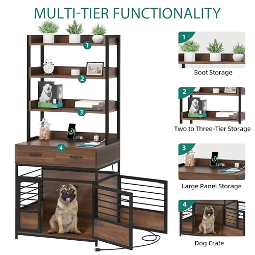 YITAHOME 39 Inch Dog Crate Furniture with Storage Shelves, Wooden Dog Crate for Large Dogs with Power Outlets