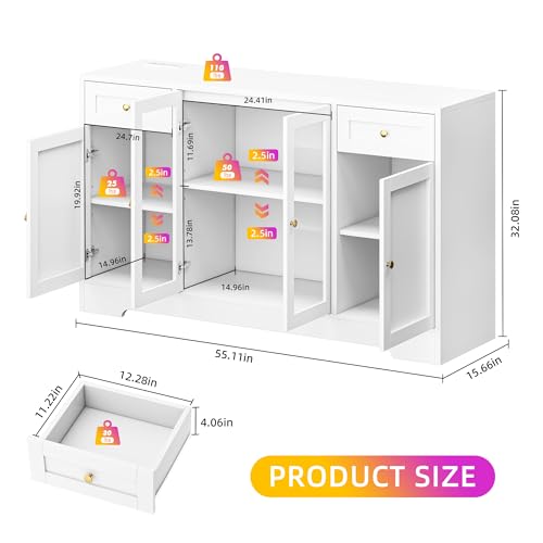 LED Coffee Bar Cabinet with Storage, 55'' Large Sideboard Buffet Cabinet, Wood Coffee Bar Buffet Table with 4 Doors and Charging Station