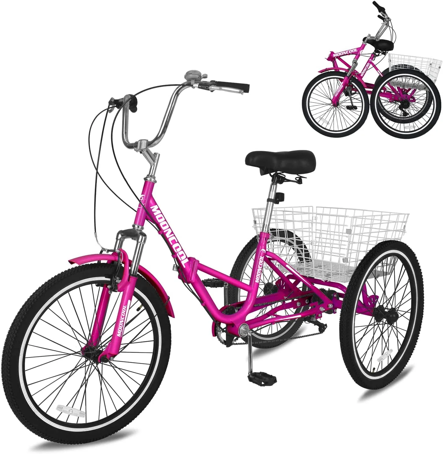 MOONCOOL Adult Folding Tricycle for Adults, 7 Speed 20/24/26 inch 3 Wheels Bikes with Basket, Foldable Tricycle for Adults, Women, Men, Seniors