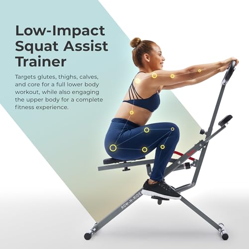 Sunny Health & Fitness Row-N-Ride PRO, Full Body Combo Squat Machine w/Optional Resistance Band, Easy Setup Ab Workout Exercise Equipment for Home