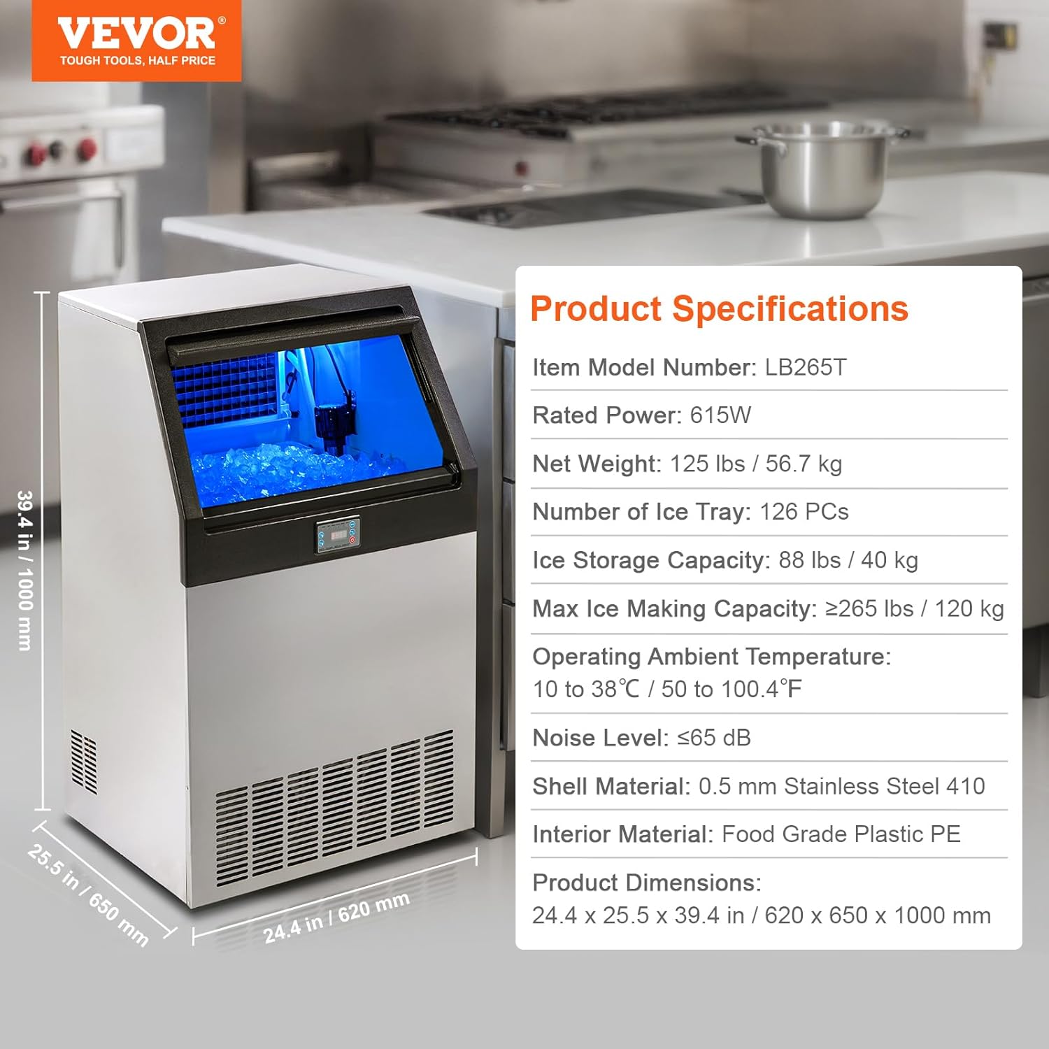 VEVOR Commercial Ice Maker, 265lbs/24H, Ice Maker Machine, 126 Ice Cubes in 12-15 Minutes