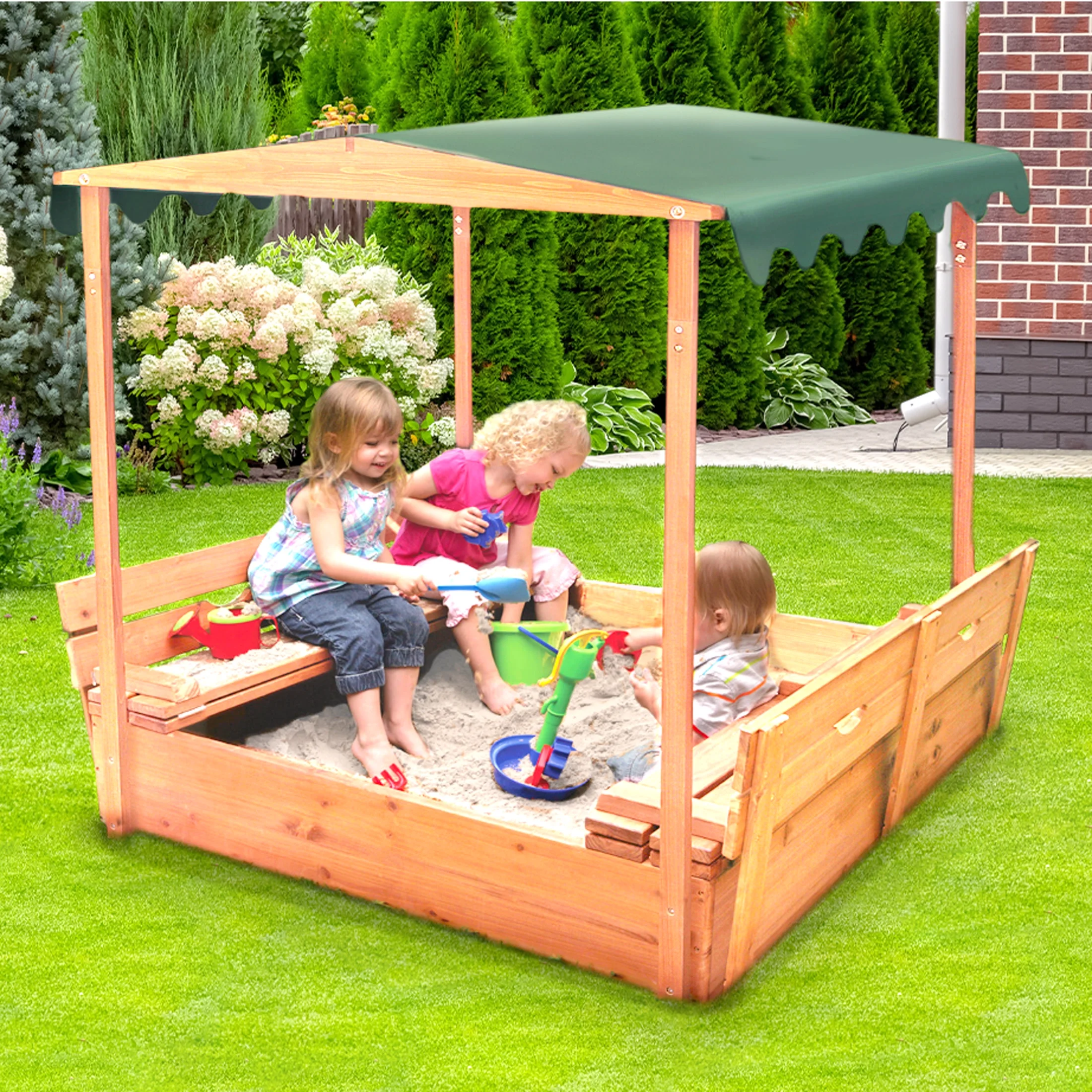 Badger Basket Covered Convertible Cedar Sandbox with Canopy and Two Bench Seats