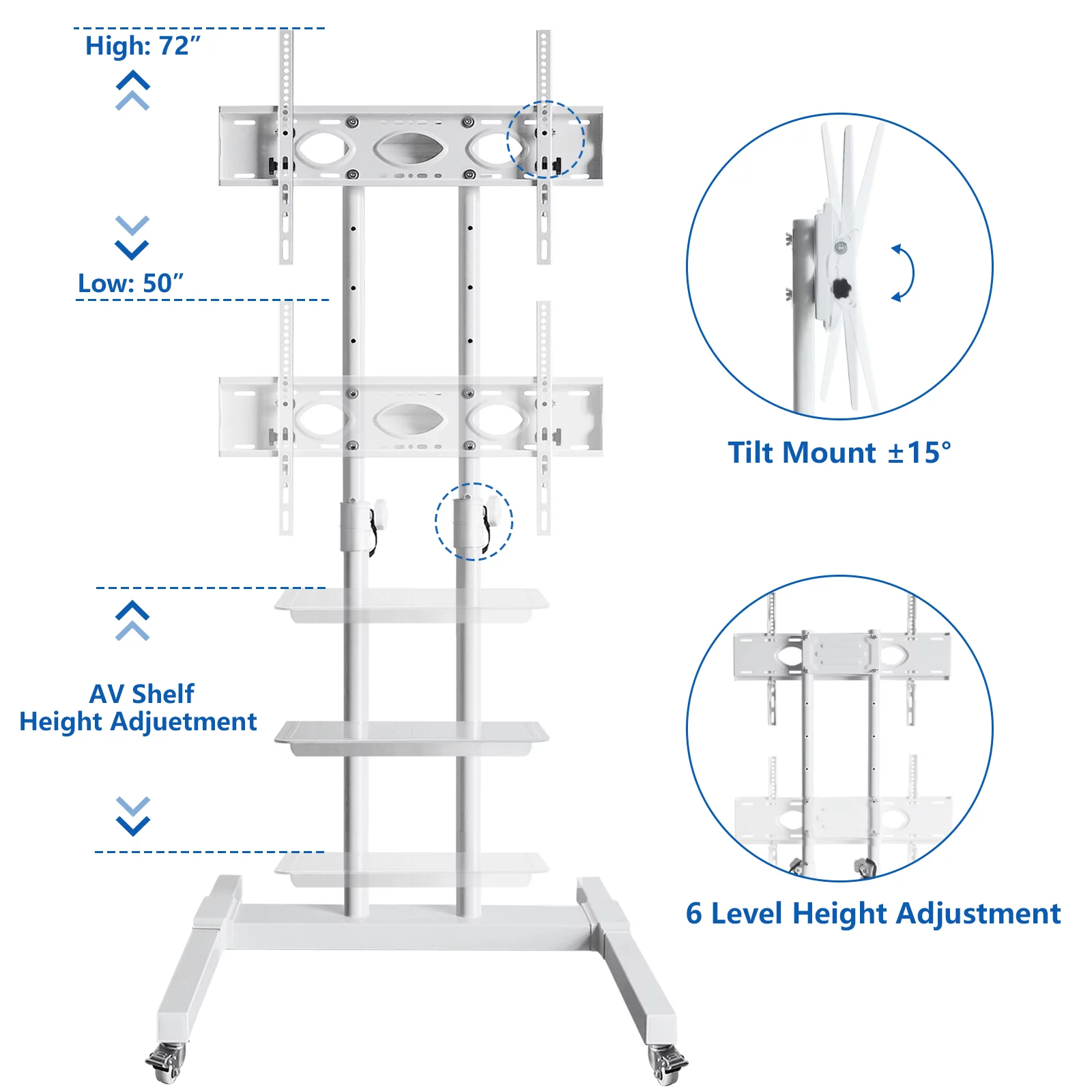 Tall TV Stand with Wheels for 32 to 85 Inch Flat Panel TVs Tilt Floor Trolley Stand Cart, White Shelf
