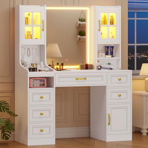 White Vanity Desk with Touch Screen Mirror and Lights, Large Makeup Vanity with RGB Light Cabinets & Charging Station, 6 Drawers, 5 Jewelry Hooks