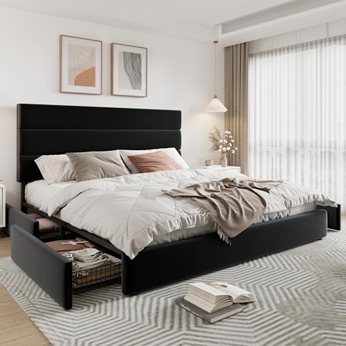 Allewie Modern Full Size Platform Bed Frame with 4 Storage Drawers and Velvet Upholstered Headboard, Wooden Slats Support