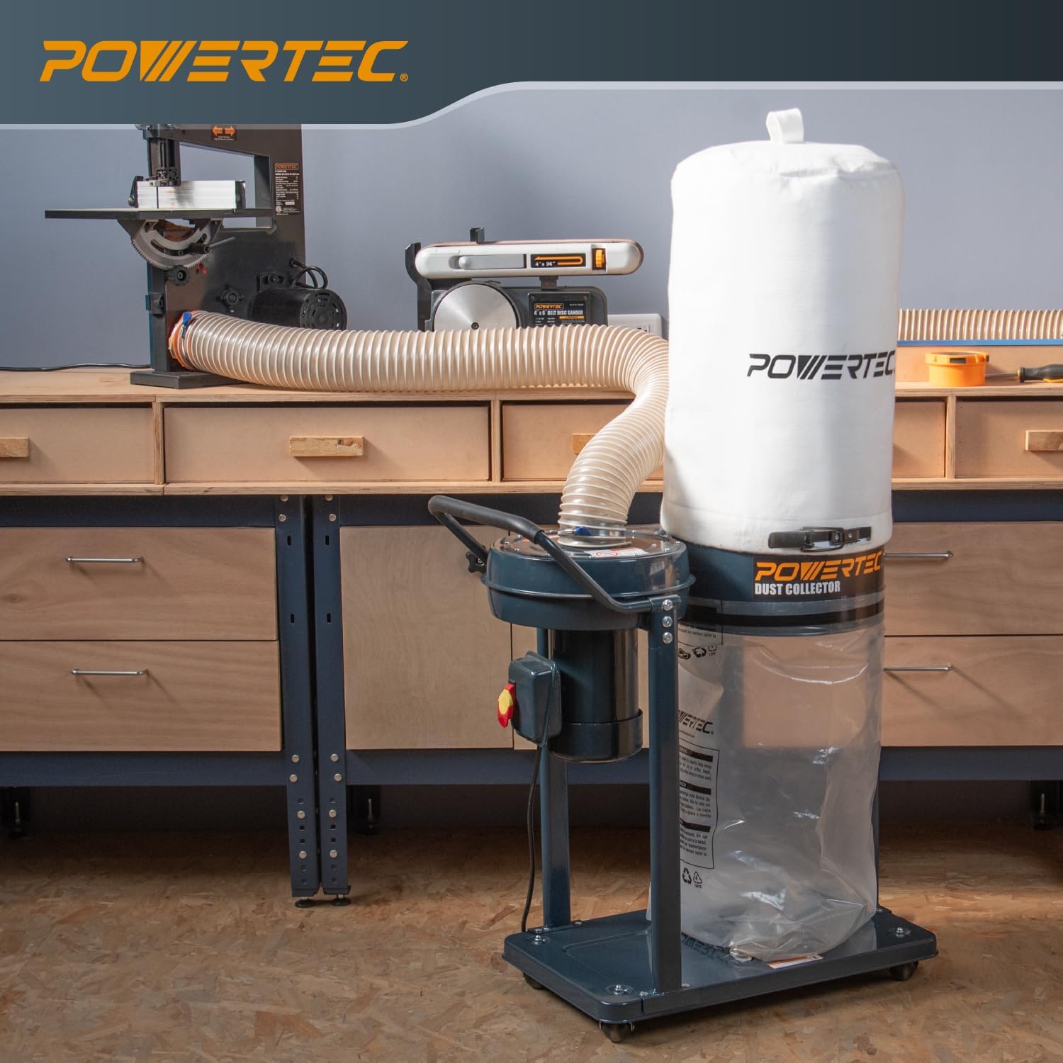 POWERTEC 1 HP Dust Collector with 1 Micron Dust Collector Bags and Mobile Base