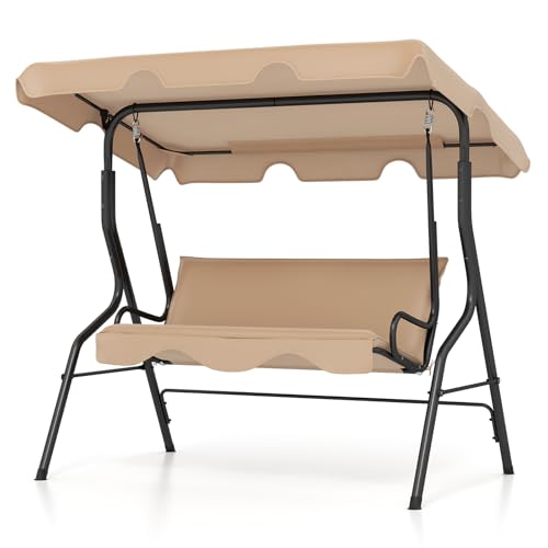 Tangkula 3 Person Porch Swing, Patio with Removable Cushion & Powder-Coated Steel Frame, Outdoor Swing with Canopy for Porch, Backyard, Garden