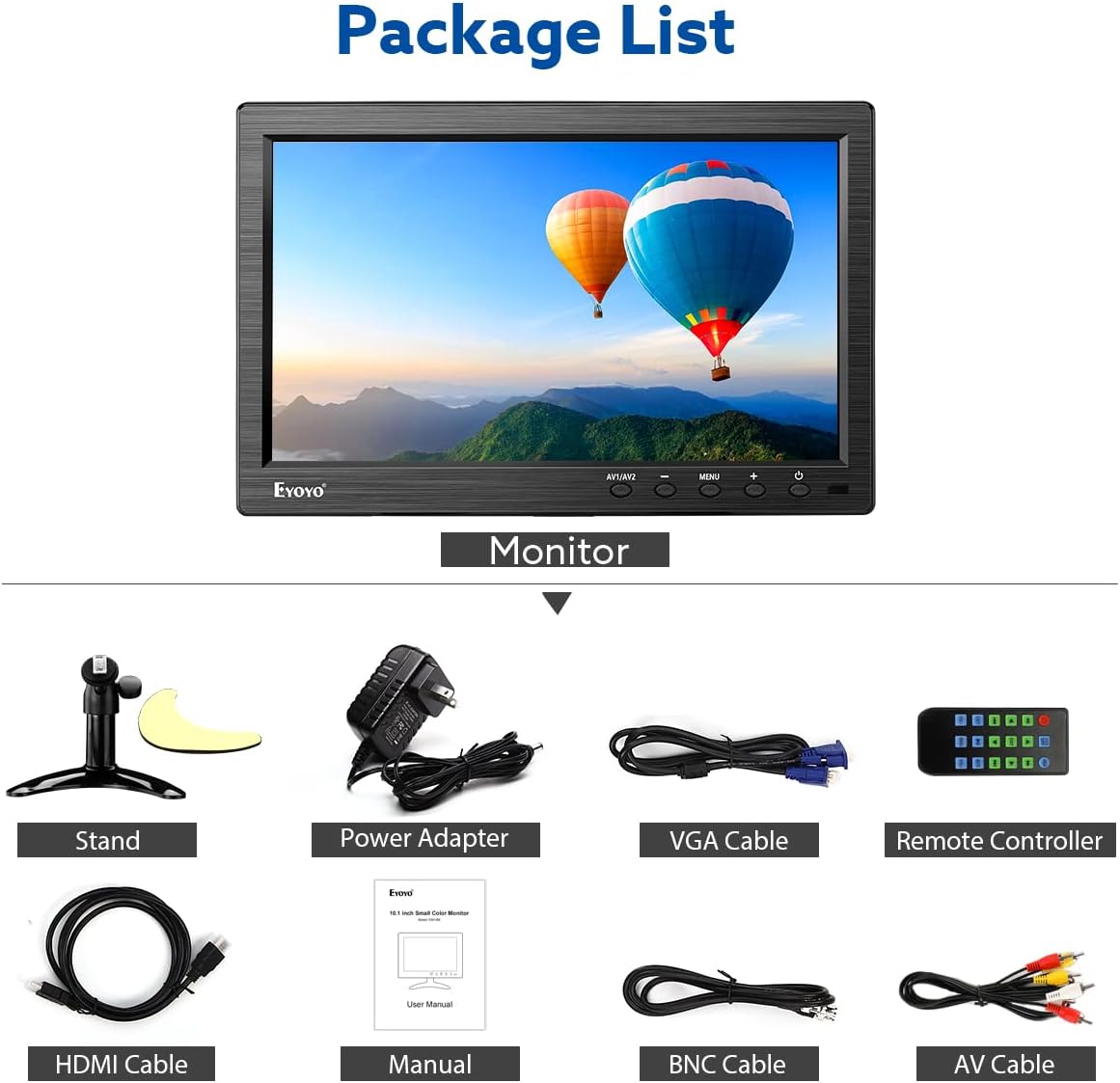 Eyoyo 10 Inch Monitor 1024x600 Small Display HD TFT LCD Display Screen Support AV VGA BNC HDMI Video Input for CCTV DVD PC DVR with Speakers and