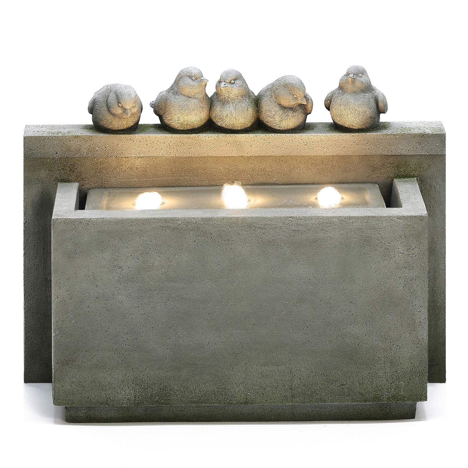 LuxenHome Gray Rectangular and Birds Resin Outdoor Bubbler Fountain with Lights