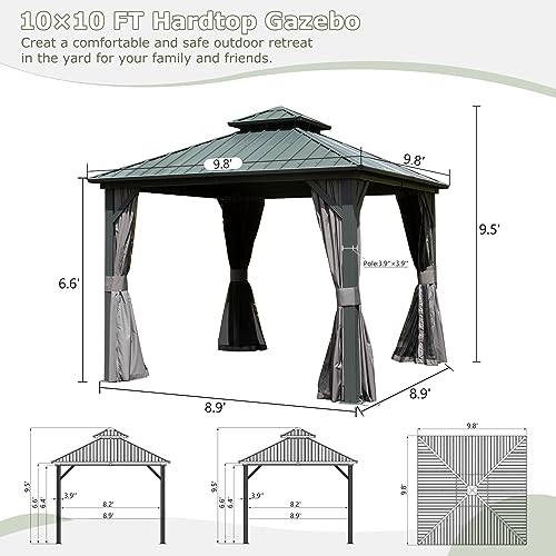Domi 10' x 10' Hardtop Gazebo Outdoor Metal Gazebo with Galvanized Steel Double Roof Canopy, Curtains and Netting for Patio, Backyard, Deck