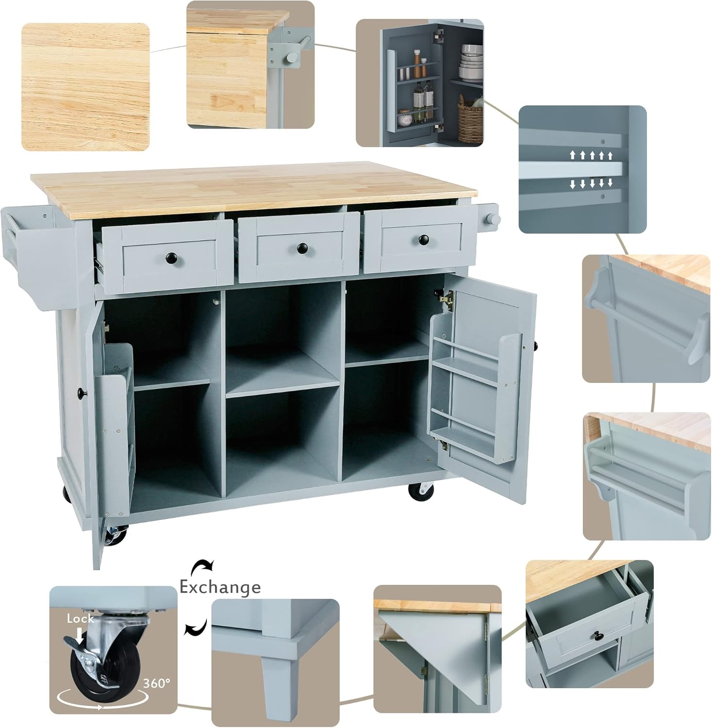 Kitchen Island Rolling Cart 2 Doors with 3 Drawers, Internal Storage Racks, Rubber Wood Drop-Leaf Countertop, Open Storage