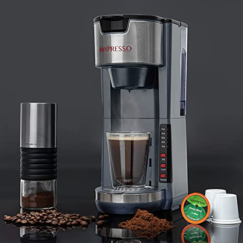 Mixpresso Single Serve Coffee Brewer K-Cup Pods Compatible & Ground Coffee, 30 oz Compact Coffee Maker Single Serve With 5 Brew Sizes Up To 14 Oz