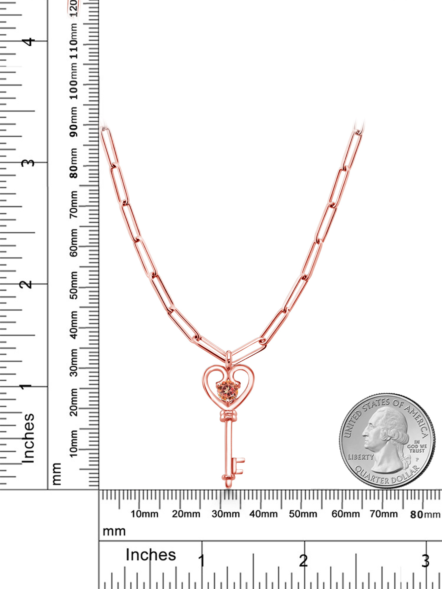 Gem Stone King 1.00 Ct Round Ecstasy Mystic Topaz 18K Rose Gold Plated Silver Heart Key Pendant with 3.25mm Paperclip Link Chain 18 inch with 2 inch