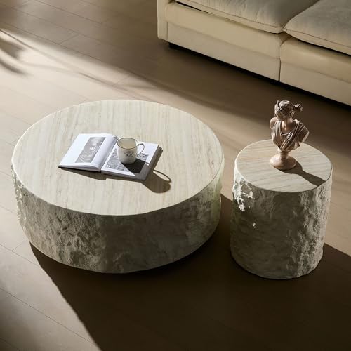 JUSTONE 15.75 ''Round Coffee Table, Accent End Table for Living Room Office Apartment, Modern Minimalist Side Table with Faux Marble Pattern