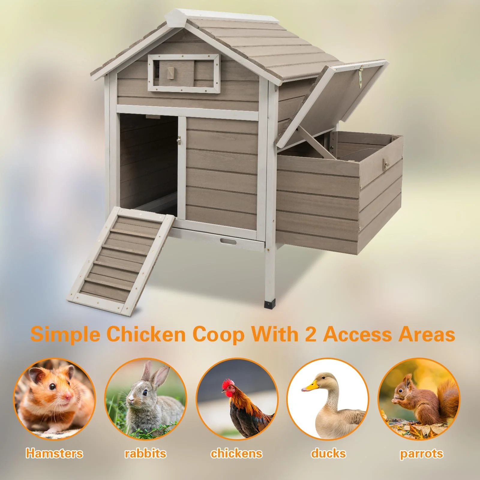 PETSCOSSET Chicken Coop Rabbit Hutch with Removable Trays,Raised Floor Hen House with Nesting Box