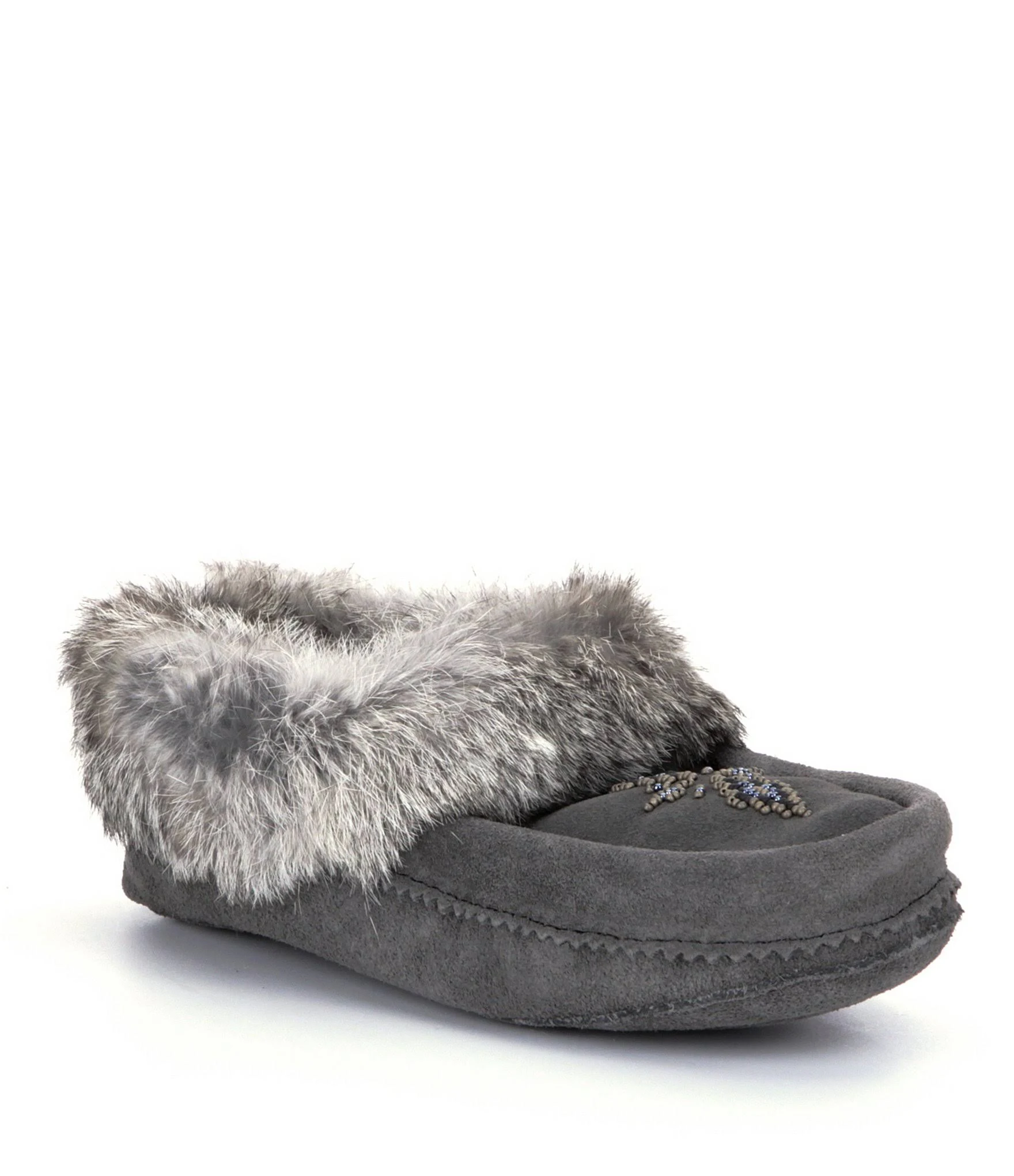 Manitobah Mukluks Tipi Suede Rabbit Fur Moccasins - Charcoal 11M