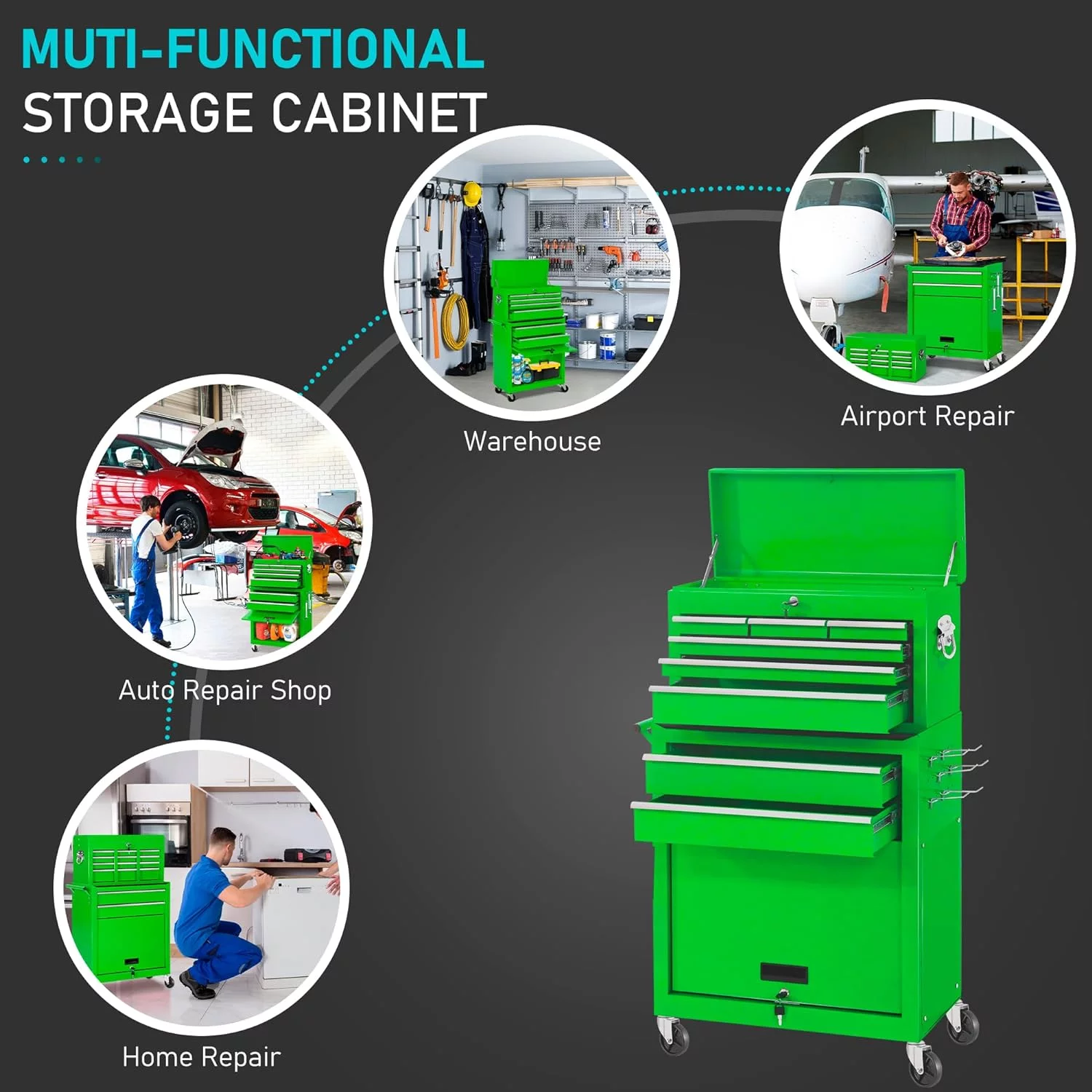 2-IN-1  Tool Chest & Cabinet, Large Capacity 8-Drawer Rolling Tool Box Organizer with Wheels Lockable Craft, Black