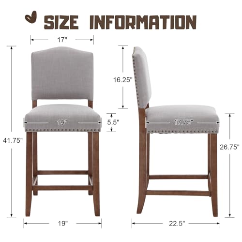 Faux Leather Counter Height Bar Stools Set of 4 Upholstered White Counter Stools 26 Inch Modern Stool Chair with Backs, Nailhead Decoration