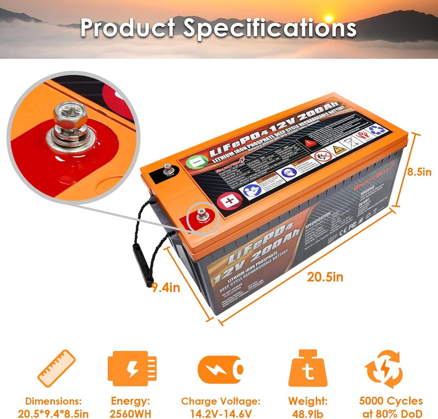 Enjoybot Deep Cycle Battery LiFePO4 12V 300Ah, Built-in 200A BMS, Lithium Iron Phosphate Battery for Solar RV Marine Camping