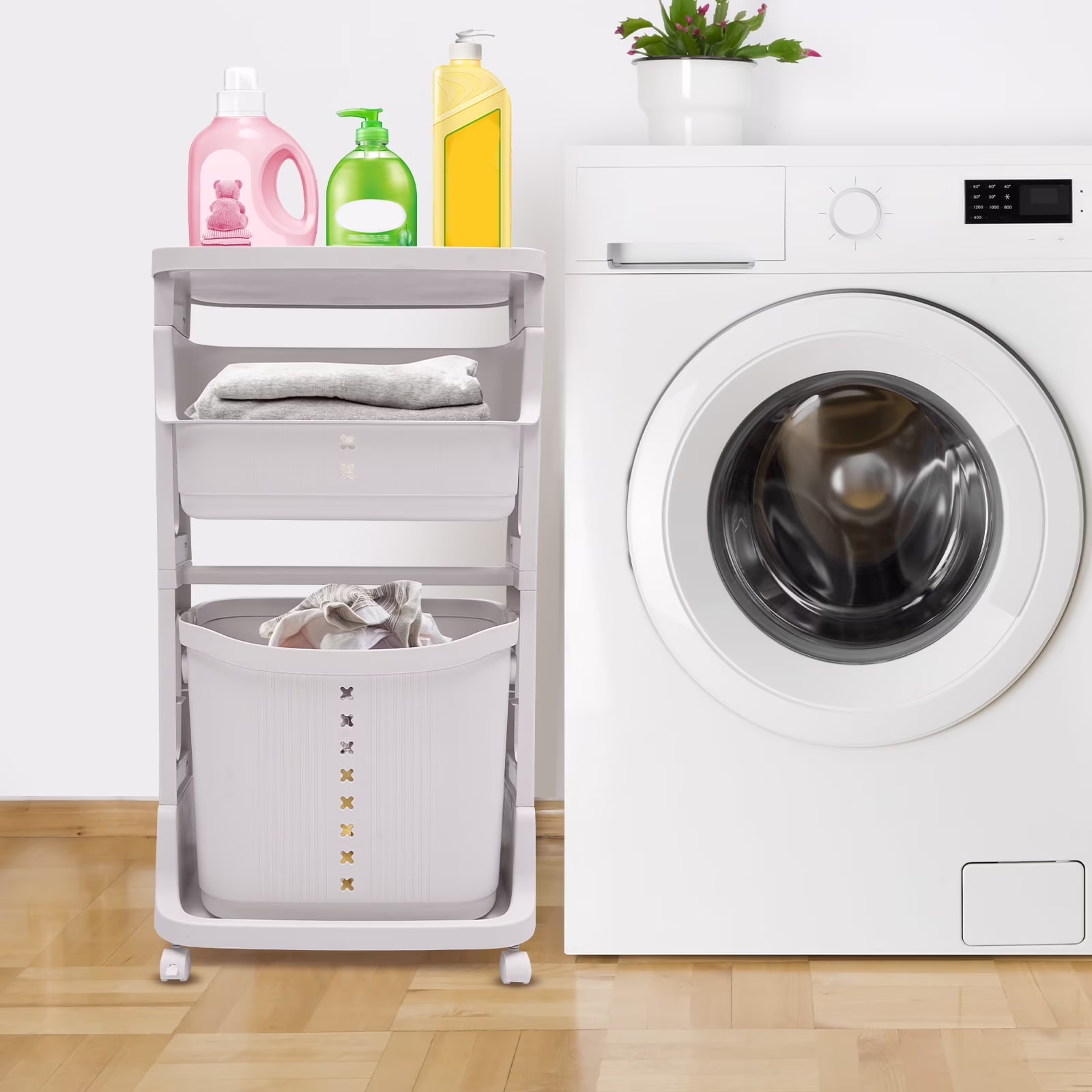3-Tier Portable Laundry Basket Laundry Hamper Freestanding Rolling Storage Cart W/4 Universal Wheels Dirty Clothes Storage Basket White Organizer