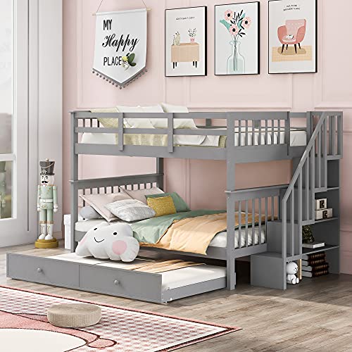 Harper & Bright Designs Twin Over Twin Bunk Bed with Stairs and Trundle, Solid Wood Stairway Bunk Bed Frame with Storage