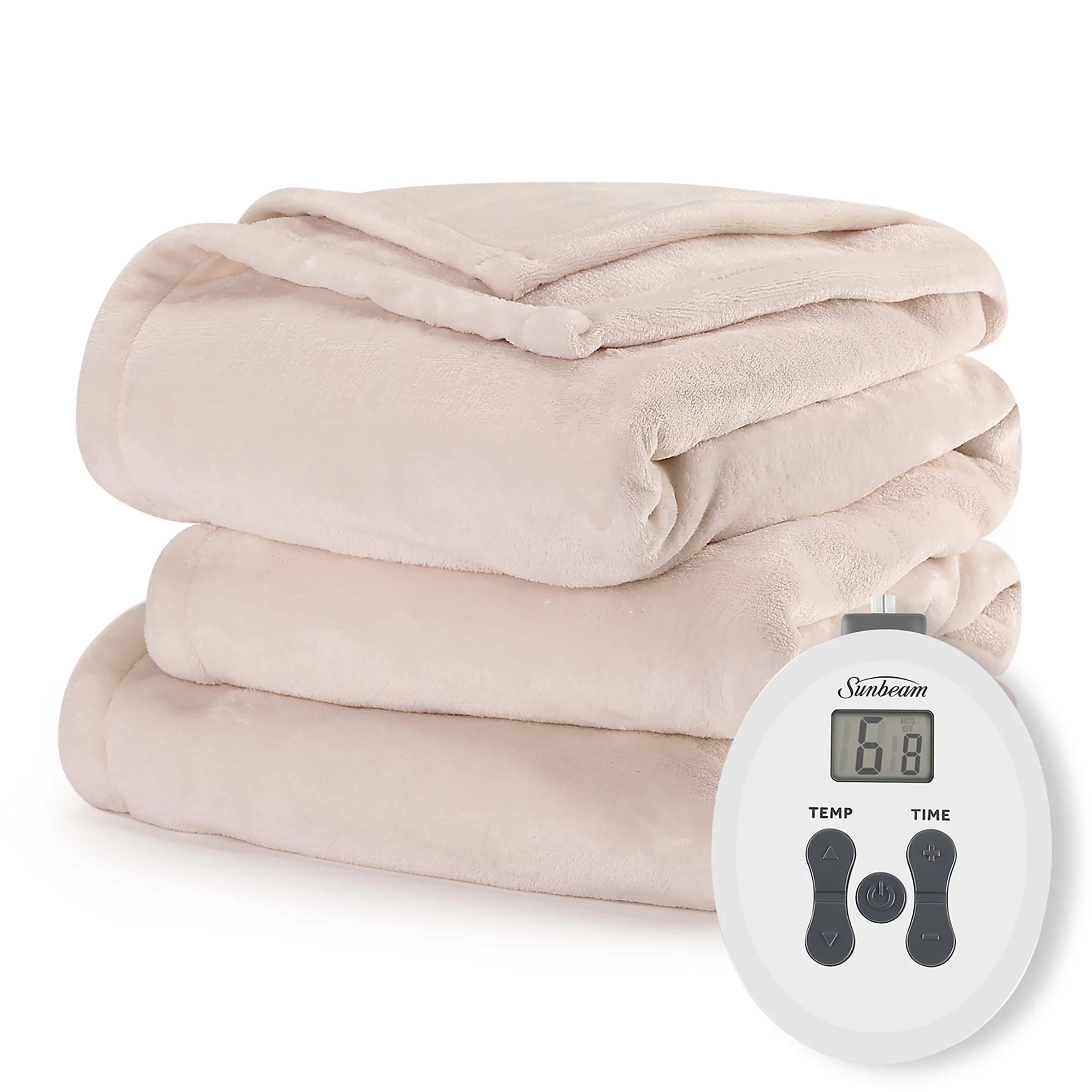 Sunbeam Cream Nordic Velvet Electric Heated Blanket Twin Size, 84" x 62", 12 Heat Settings, Fast Heating, Heating Blankets with Controller